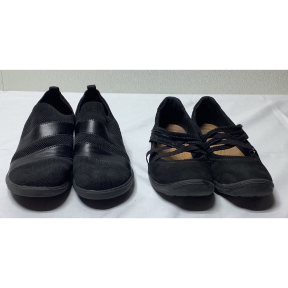 2 Pair Clarks Loafers Women 7.5M Black Stretch Pre owned